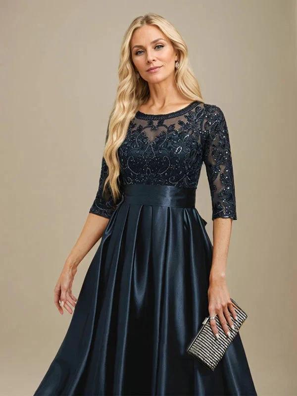 A-line Scoop Illusion Floor-Length Stretch Satin Lace Mother of the Bride Dress With Bow Sequins - Image 5