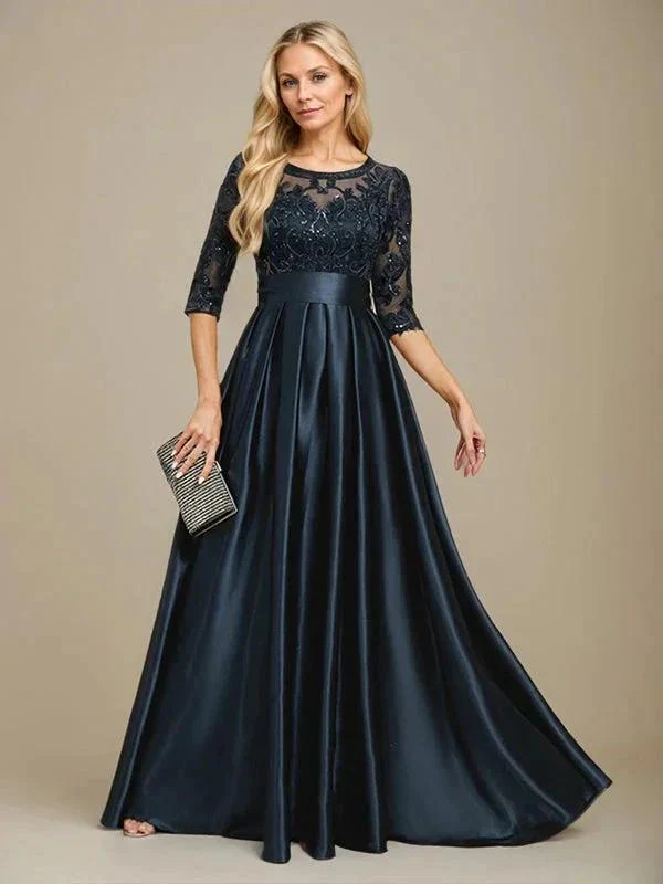 A-line Scoop Illusion Floor-Length Stretch Satin Lace Mother of the Bride Dress With Bow Sequins - Image 6