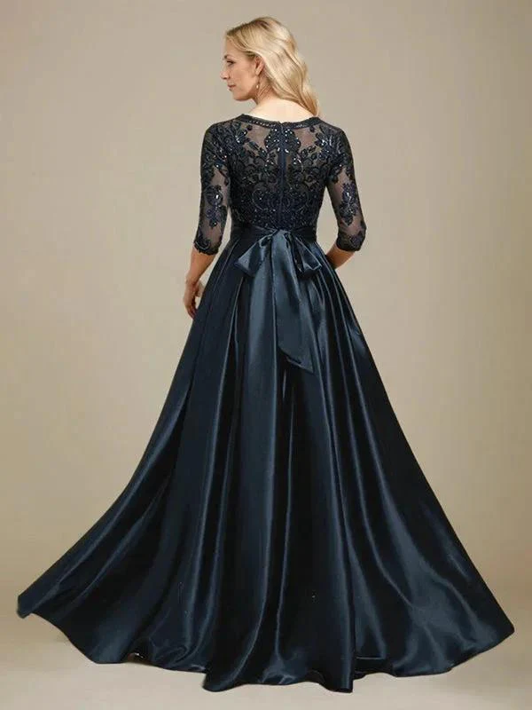 A-line Scoop Illusion Floor-Length Stretch Satin Lace Mother of the Bride Dress With Bow Sequins - Image 7