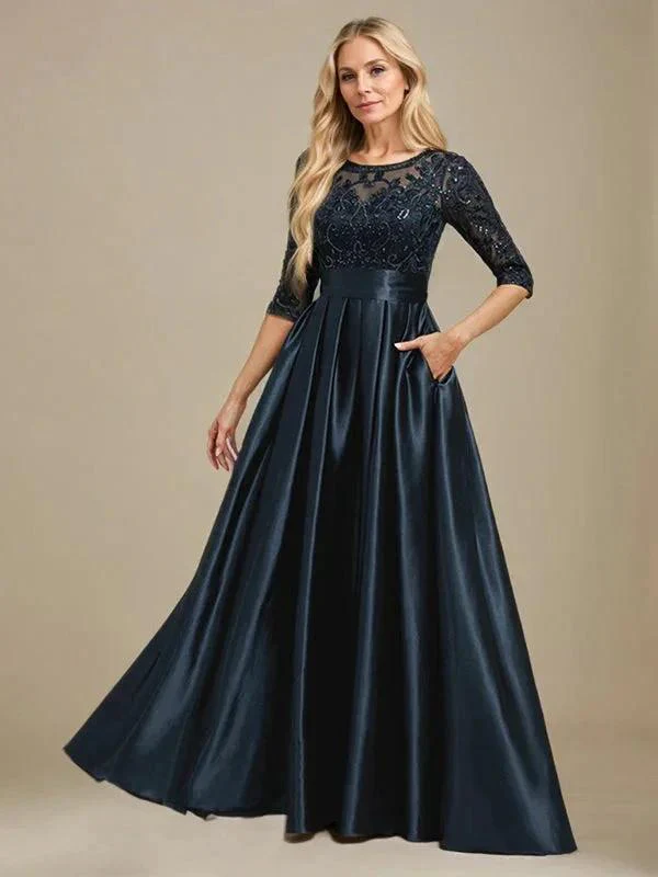 A-line Scoop Illusion Floor-Length Stretch Satin Lace Mother of the Bride Dress With Bow Sequins - Image 8