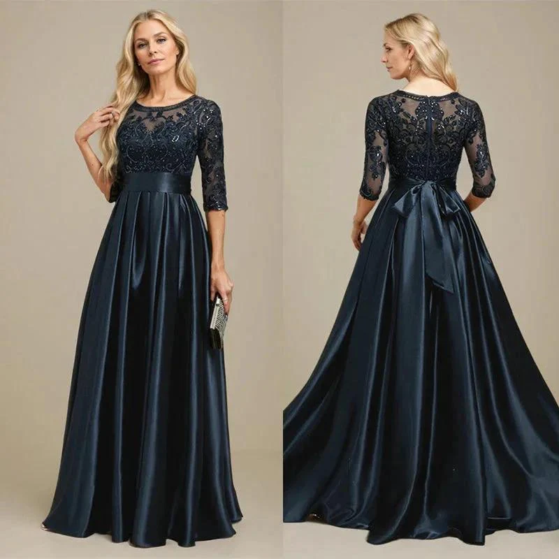 A-line Scoop Illusion Floor-Length Stretch Satin Lace Mother of the Bride Dress With Bow Sequins - Image 9