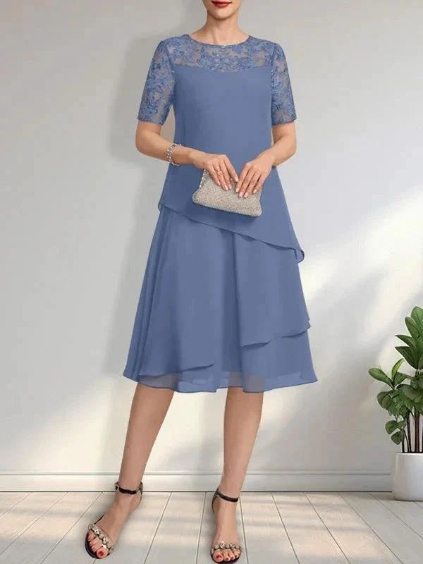 A-line Scoop Illusion Knee-Length Lace Chiffon Mother of the Bride Dress With Sequins - Image 15