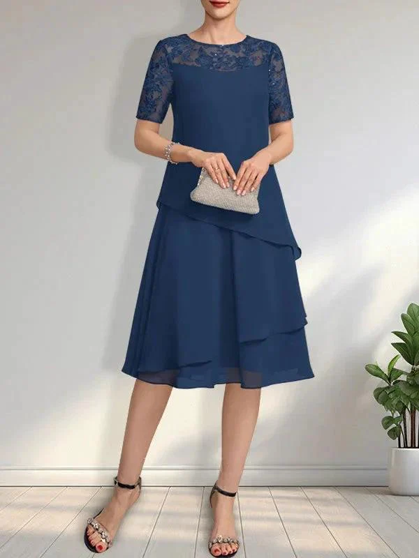 A-line Scoop Illusion Knee-Length Lace Chiffon Mother of the Bride Dress With Sequins - Image 16