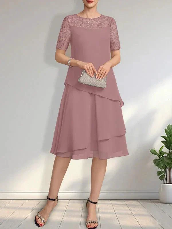 A-line Scoop Illusion Knee-Length Lace Chiffon Mother of the Bride Dress With Sequins - Image 18