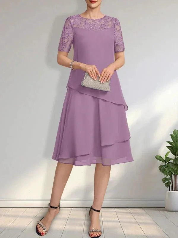 A-line Scoop Illusion Knee-Length Lace Chiffon Mother of the Bride Dress With Sequins - Image 19