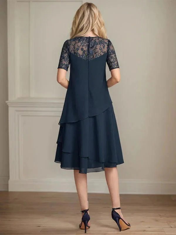 A-line Scoop Illusion Knee-Length Lace Chiffon Mother of the Bride Dress With Sequins - Image 2