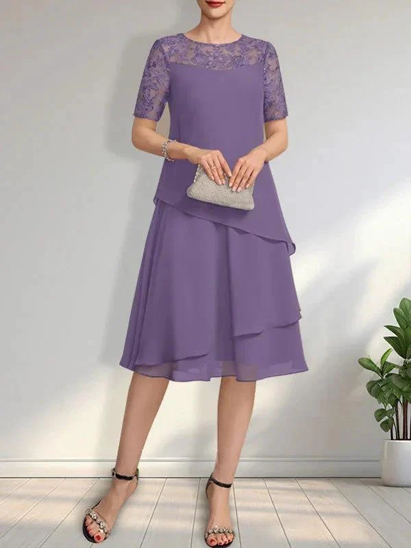 A-line Scoop Illusion Knee-Length Lace Chiffon Mother of the Bride Dress With Sequins - Image 20