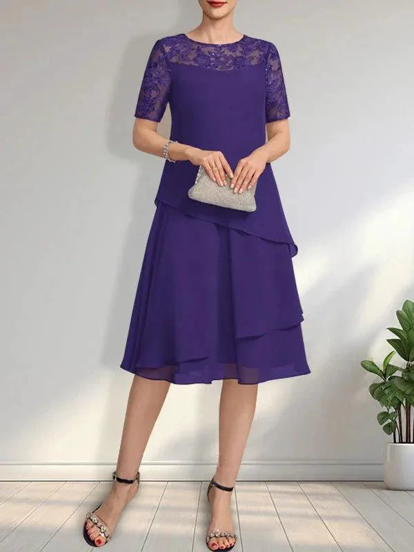 A-line Scoop Illusion Knee-Length Lace Chiffon Mother of the Bride Dress With Sequins - Image 21
