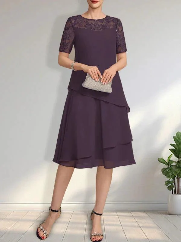 A-line Scoop Illusion Knee-Length Lace Chiffon Mother of the Bride Dress With Sequins - Image 22