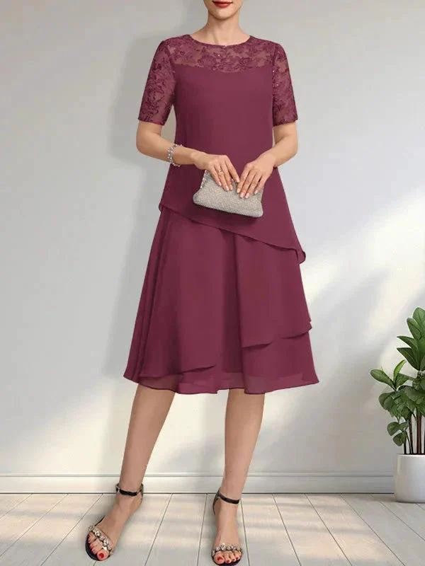 A-line Scoop Illusion Knee-Length Lace Chiffon Mother of the Bride Dress With Sequins - Image 24