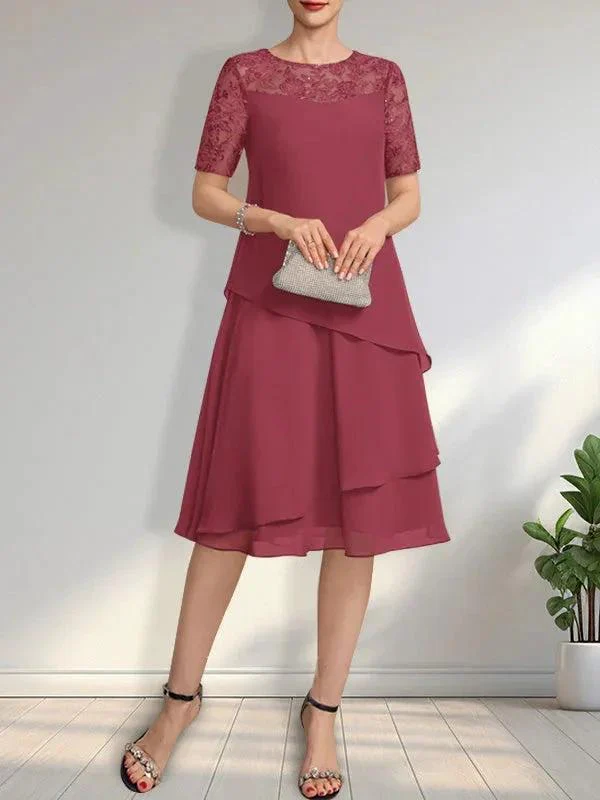 A-line Scoop Illusion Knee-Length Lace Chiffon Mother of the Bride Dress With Sequins - Image 25