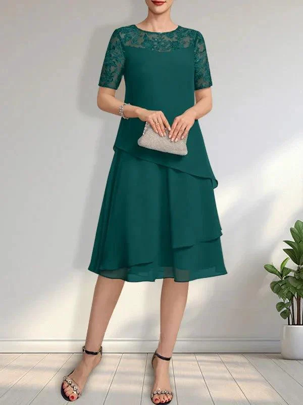 A-line Scoop Illusion Knee-Length Lace Chiffon Mother of the Bride Dress With Sequins - Image 27