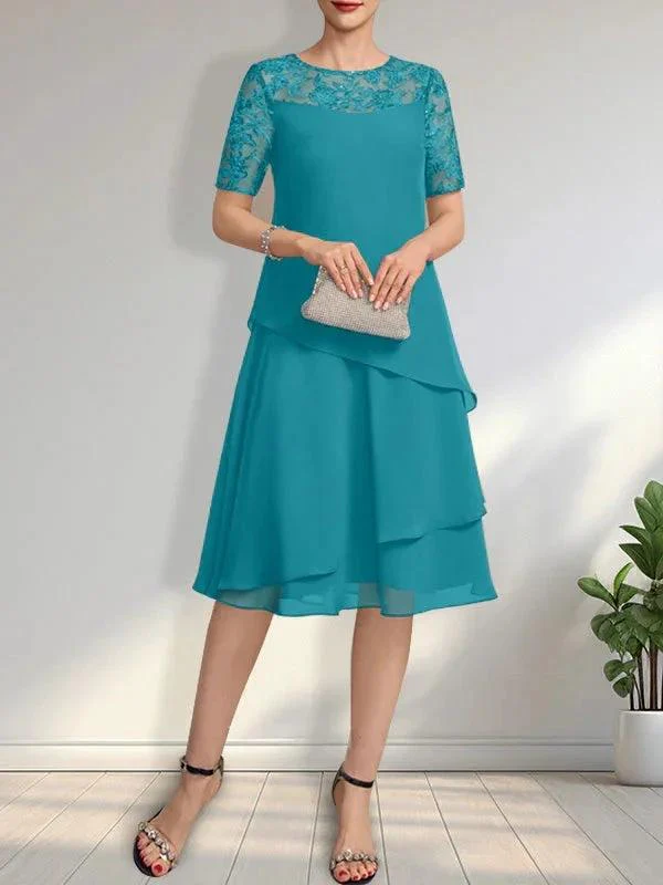 A-line Scoop Illusion Knee-Length Lace Chiffon Mother of the Bride Dress With Sequins - Image 28