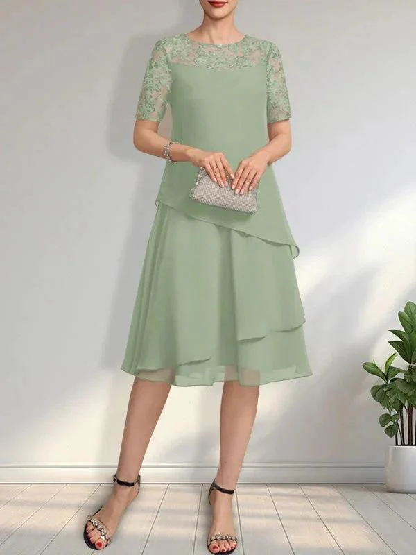 A-line Scoop Illusion Knee-Length Lace Chiffon Mother of the Bride Dress With Sequins - Image 29