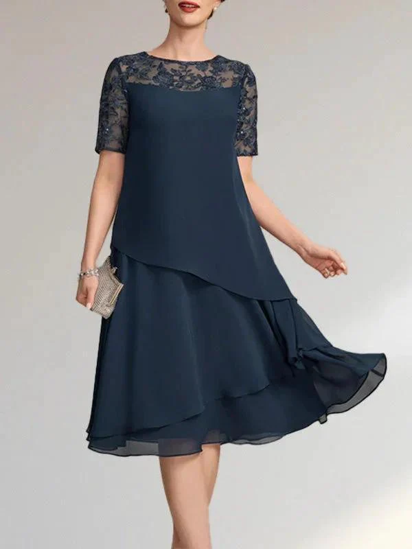 A-line Scoop Illusion Knee-Length Lace Chiffon Mother of the Bride Dress With Sequins - Image 3