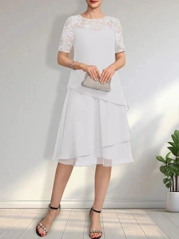 A-line Scoop Illusion Knee-Length Lace Chiffon Mother of the Bride Dress With Sequins - Image 31