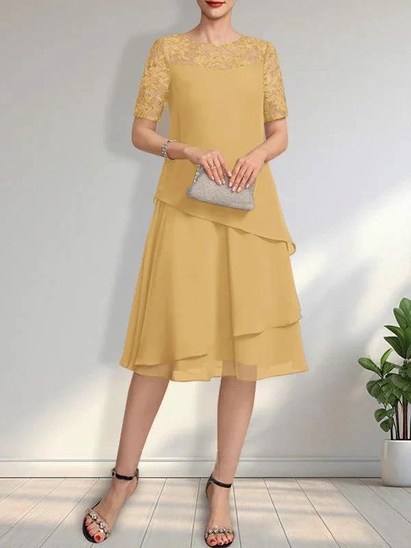 A-line Scoop Illusion Knee-Length Lace Chiffon Mother of the Bride Dress With Sequins - Image 32