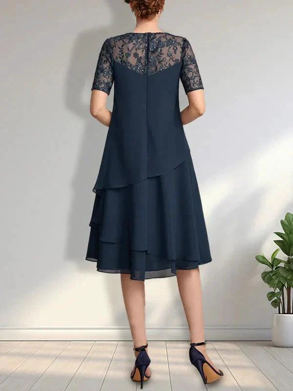 A-line Scoop Illusion Knee-Length Lace Chiffon Mother of the Bride Dress With Sequins - Image 4