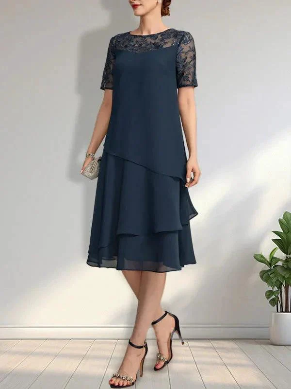 A-line Scoop Illusion Knee-Length Lace Chiffon Mother of the Bride Dress With Sequins - Image 5