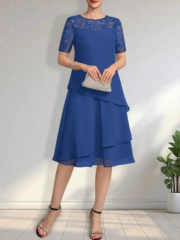 A-line Scoop Illusion Knee-Length Lace Chiffon Mother of the Bride Dress With Sequins - Image 7
