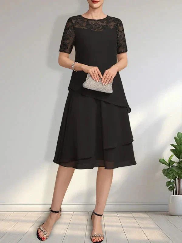A-line Scoop Illusion Knee-Length Lace Chiffon Mother of the Bride Dress With Sequins - Image 8