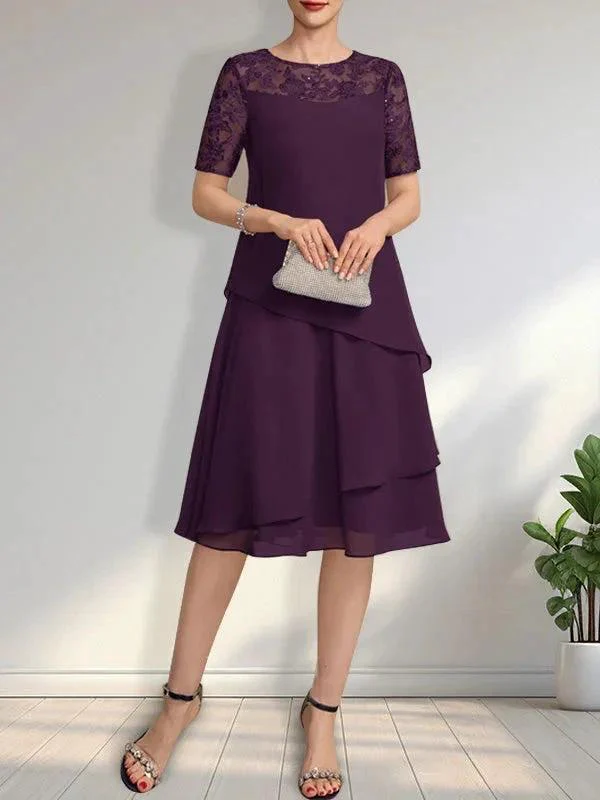 A-line Scoop Illusion Knee-Length Lace Chiffon Mother of the Bride Dress With Sequins - Image 9