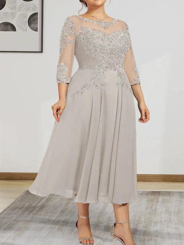 A-line Scoop Illusion Tea-Length Chiffon Lace Mother of the Bride Dress With Beading Sequins - Image 10