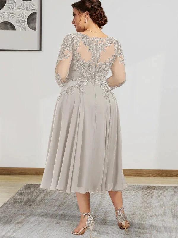 A-line Scoop Illusion Tea-Length Chiffon Lace Mother of the Bride Dress With Beading Sequins - Image 11