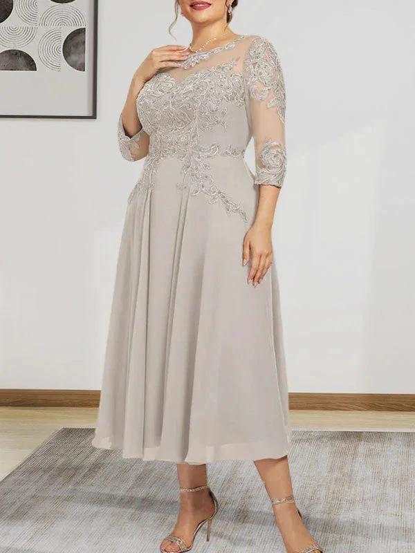 A-line Scoop Illusion Tea-Length Chiffon Lace Mother of the Bride Dress With Beading Sequins - Image 12