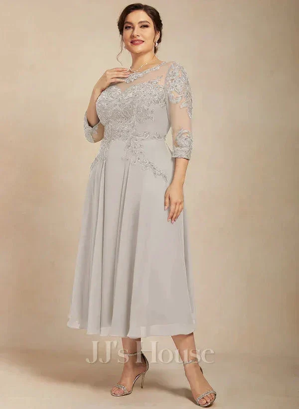 A-line Scoop Illusion Tea-Length Chiffon Lace Mother of the Bride Dress With Beading Sequins - Image 13
