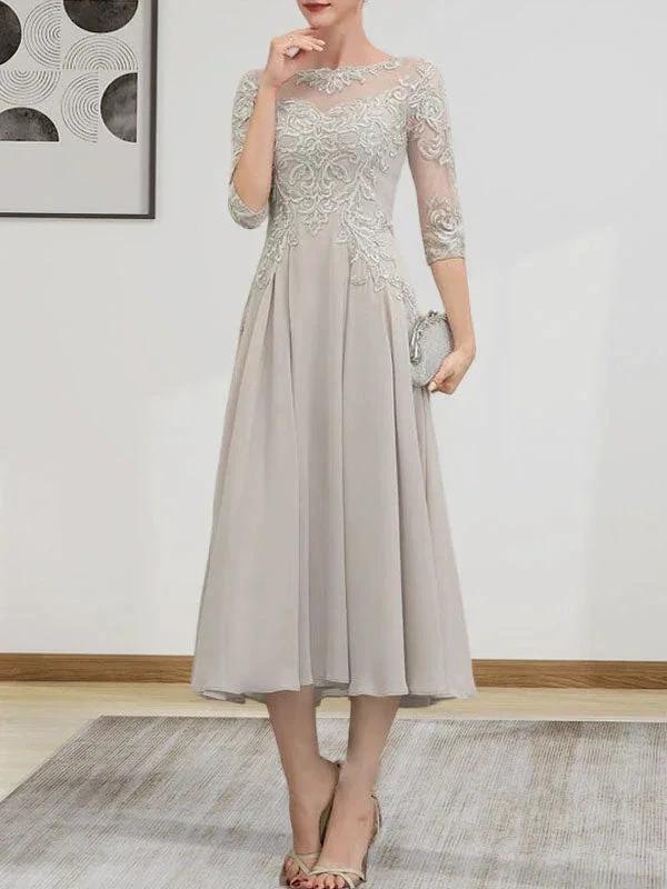 A-line Scoop Illusion Tea-Length Chiffon Lace Mother of the Bride Dress With Beading Sequins - Image 2