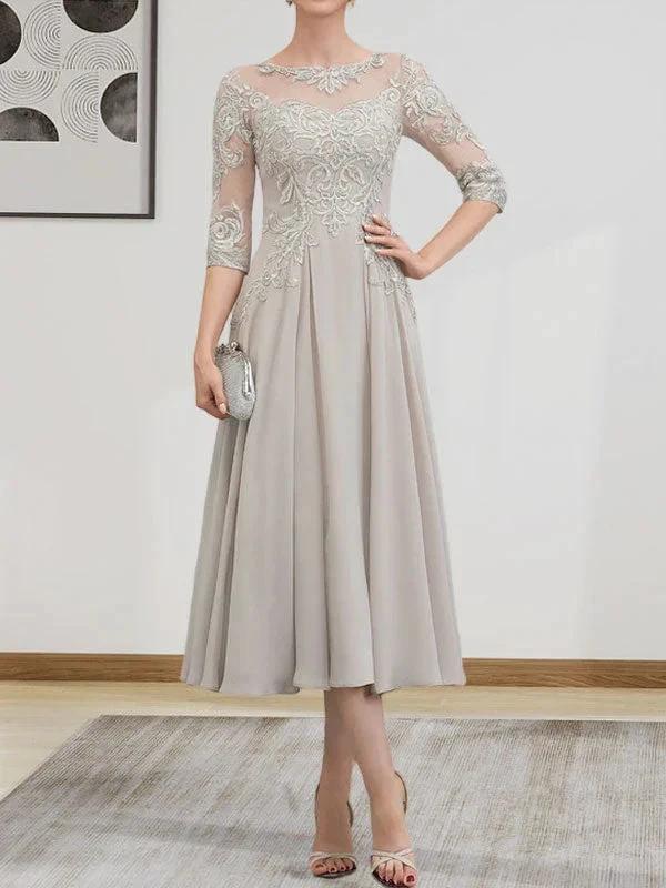 A-line Scoop Illusion Tea-Length Chiffon Lace Mother of the Bride Dress With Beading Sequins - Image 3