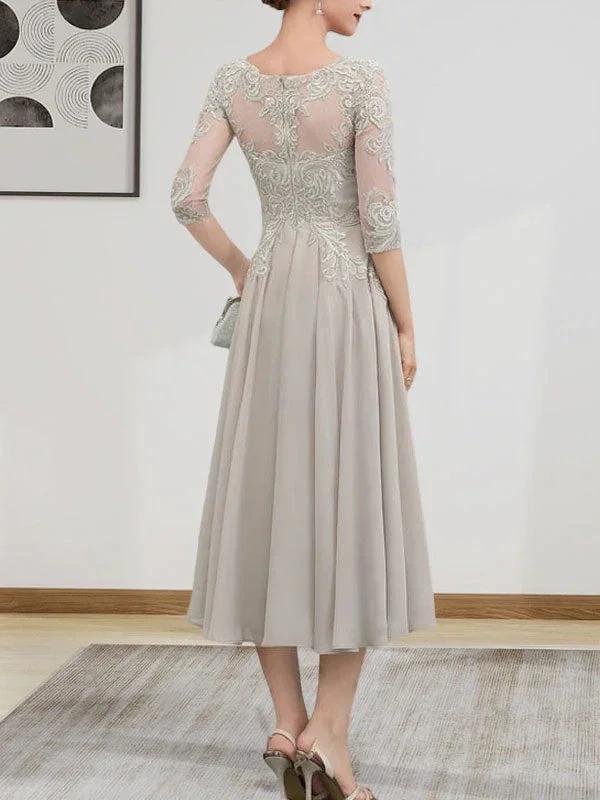 A-line Scoop Illusion Tea-Length Chiffon Lace Mother of the Bride Dress With Beading Sequins - Image 4