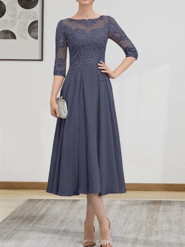 A-line Scoop Illusion Tea-Length Chiffon Lace Mother of the Bride Dress With Beading Sequins - Image 5