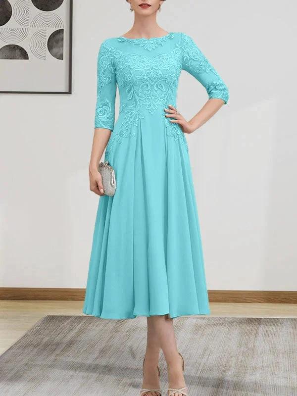 A-line Scoop Illusion Tea-Length Chiffon Lace Mother of the Bride Dress With Beading Sequins - Image 51