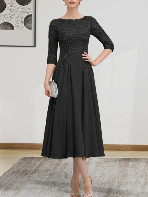A-line Scoop Illusion Tea-Length Chiffon Lace Mother of the Bride Dress With Beading Sequins - Image 52