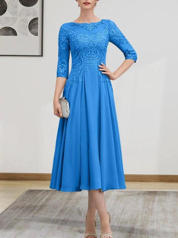 A-line Scoop Illusion Tea-Length Chiffon Lace Mother of the Bride Dress With Beading Sequins - Image 53