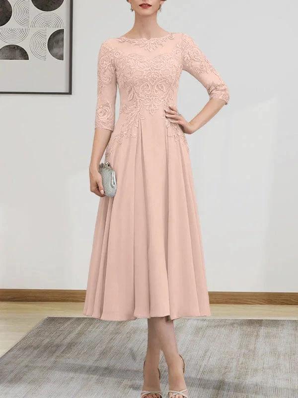 A-line Scoop Illusion Tea-Length Chiffon Lace Mother of the Bride Dress With Beading Sequins - Image 54