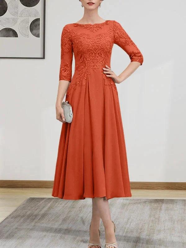 A-line Scoop Illusion Tea-Length Chiffon Lace Mother of the Bride Dress With Beading Sequins - Image 55
