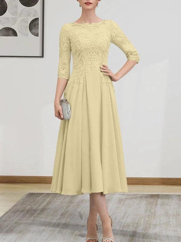 A-line Scoop Illusion Tea-Length Chiffon Lace Mother of the Bride Dress With Beading Sequins - Image 56