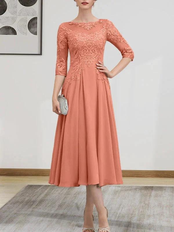A-line Scoop Illusion Tea-Length Chiffon Lace Mother of the Bride Dress With Beading Sequins - Image 57