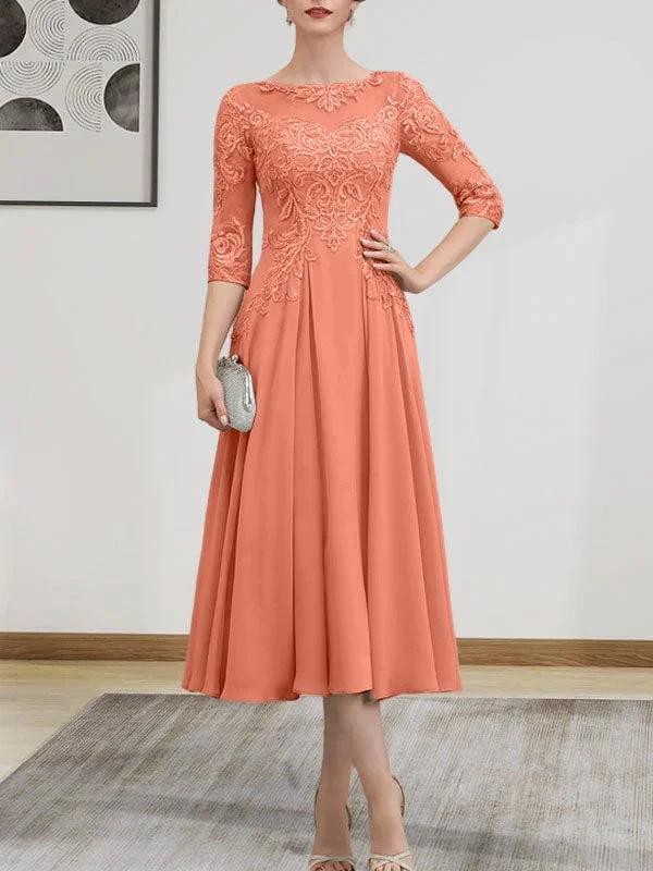 A-line Scoop Illusion Tea-Length Chiffon Lace Mother of the Bride Dress With Beading Sequins - Image 58
