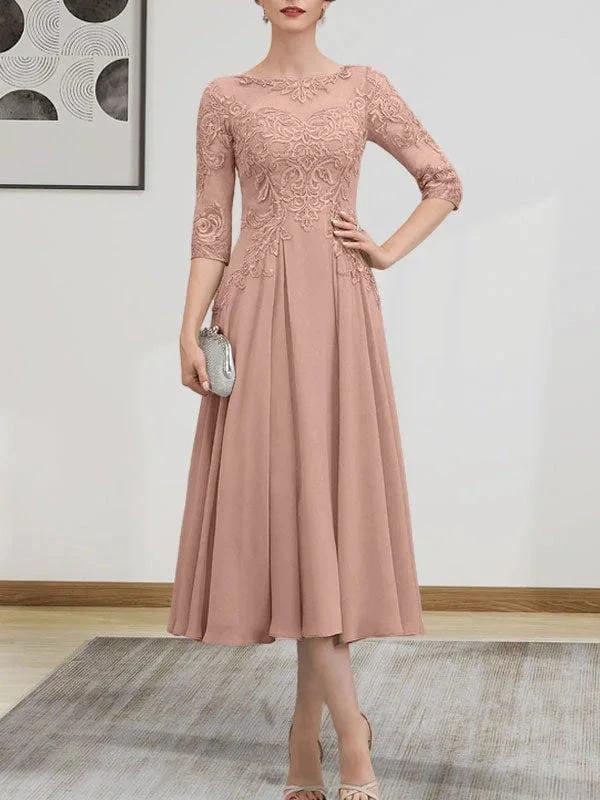 A-line Scoop Illusion Tea-Length Chiffon Lace Mother of the Bride Dress With Beading Sequins - Image 59