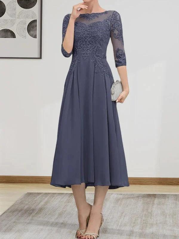 A-line Scoop Illusion Tea-Length Chiffon Lace Mother of the Bride Dress With Beading Sequins - Image 6