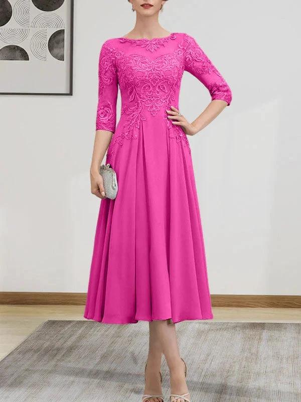 A-line Scoop Illusion Tea-Length Chiffon Lace Mother of the Bride Dress With Beading Sequins - Image 60