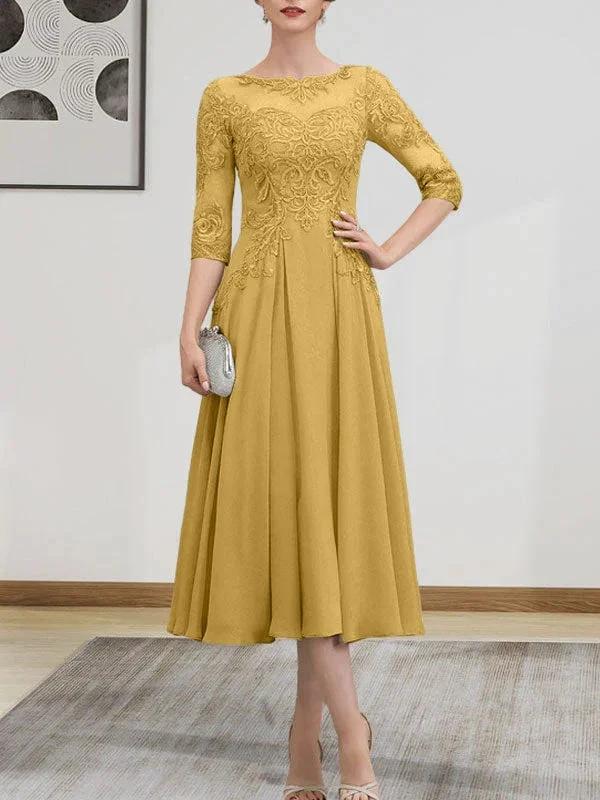 A-line Scoop Illusion Tea-Length Chiffon Lace Mother of the Bride Dress With Beading Sequins - Image 61