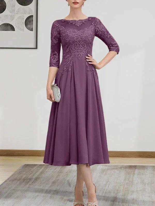 A-line Scoop Illusion Tea-Length Chiffon Lace Mother of the Bride Dress With Beading Sequins - Image 62