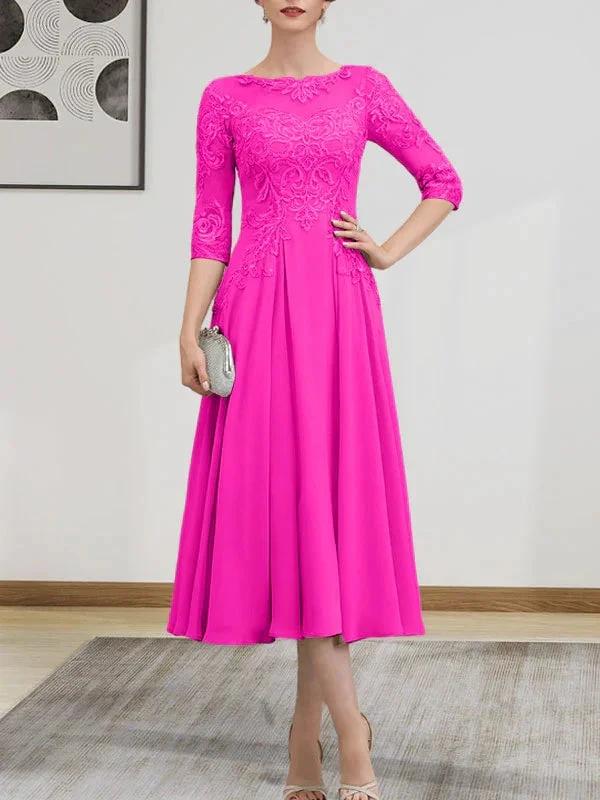 A-line Scoop Illusion Tea-Length Chiffon Lace Mother of the Bride Dress With Beading Sequins - Image 63