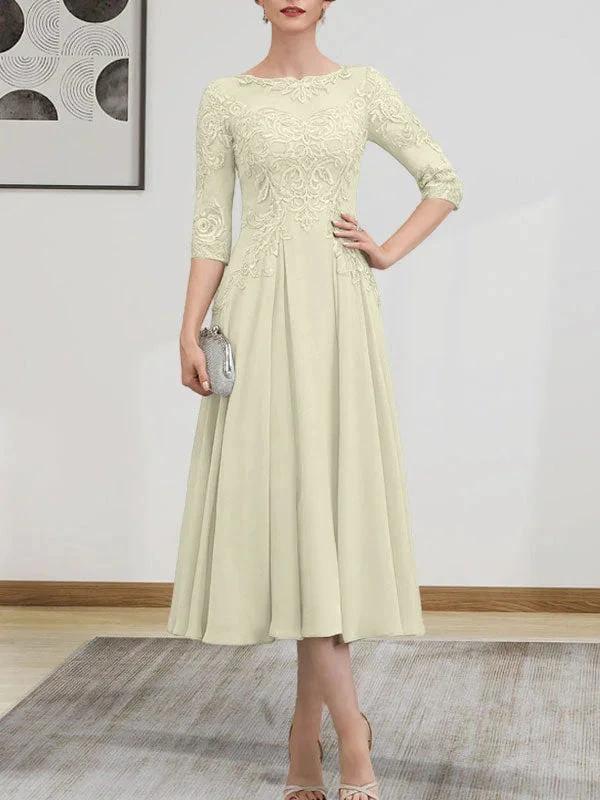 A-line Scoop Illusion Tea-Length Chiffon Lace Mother of the Bride Dress With Beading Sequins - Image 64