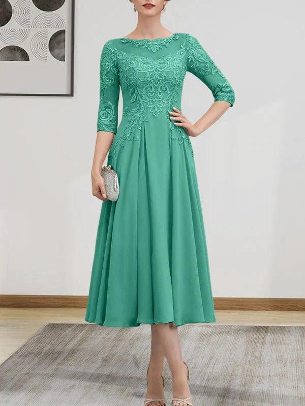 A-line Scoop Illusion Tea-Length Chiffon Lace Mother of the Bride Dress With Beading Sequins - Image 65